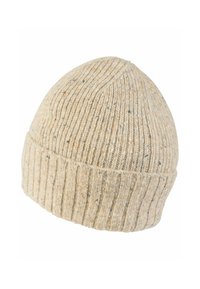 Knit beanie in light beige with a ribbed texture. Features multicolored specks throughout and a folded cuff for added warmth.