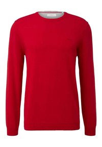 Rood gebreid sweater met een ronde hals en lange mouwen. Heeft een klein logo op de borst en geribbelde manchetten. Zachte textuur.