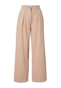 Lichtroze wijde broek met plooien, een hoge taille en een knoopsluiting. Gemaakt van lichtgewicht stof, met nette stiksels en zonder zakken.