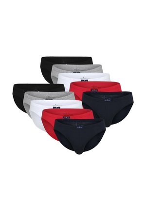 Zehn Herren-Slips in Schwarz, Grau, Weiß, Rot und Marine, angeordnet in überlappenden Reihen auf weißem Hintergrund.