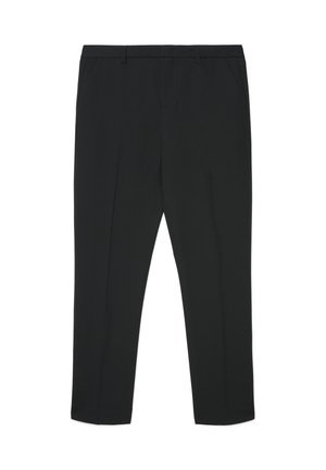 Pantalon noir sur mesure en tissu lisse, avec une coupe droite, deux poches latérales et sans motifs ni accents visibles.