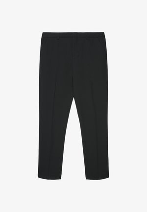 Pantalon noir sur mesure en tissu lisse, avec une coupe droite, deux poches latérales et sans motifs ni accents visibles.