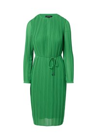 Robe plissée verte avec des manches longues, un col rond et un lien en tissu à la taille. Matériau léger, texture lisse et couleur vive.