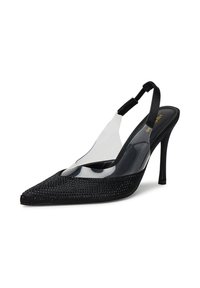 Sandală neagră cu toc înalt, cu vârf ascuțit, având un panou din plastic transparent și împodobită cu mici strasuri în zona vârfului.