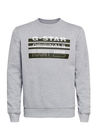 Felpa in pile grigia con collo a giro e polsini a coste, caratterizzata da una stampa bianca e verde con la scritta "G-STAR ORIGINALS RAW DENIM."