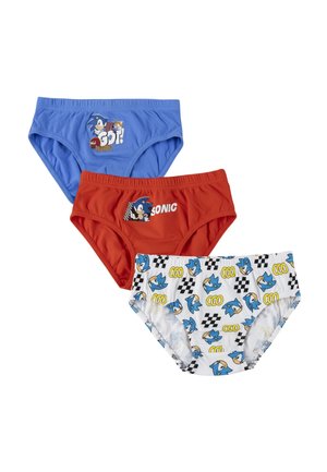 Tre mutandine per bambini con disegni di Sonic the Hedgehog: una blu con personaggi, una rossa con la scritta Sonic e una bianca con volti di Sonic ripetuti.