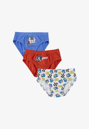Culottes pour enfants avec des motifs de Sonic the Hedgehog : une bleue avec des personnages, une rouge avec le texte "Sonic" et une blanche avec des visages de Sonic répétés.