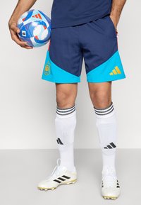 Μπλε σορτς με τόνους τιρκουάζ και κόκκινου, με κίτρινο σήμα. Λευκές κάλτσες με μαύρες ρίγες και λευκές ποδοσφαιρικές μπότες με μαύρες λεπτομέρειες. Κρατάει μια μπάλα ποδοσφαίρου με μοτίβο.