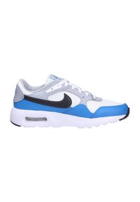 Zapatillas blancas y azules con una superposición gris, que cuentan con un swoosh negro, material de malla texturizada y cuero, y una unidad de aire visible en la suela.
