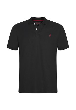 Crna polo majica od teksturiranog materijala, s malim crvenim logotipom na lijevom prsnom dijelu, s dva bijela dugmeta i kratkim rukavima.