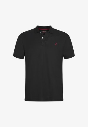 Sort polo shirt lavet af tekstureret stof, med et lille rødt logo på venstre bryst, to hvide knapper og korte ærmer.