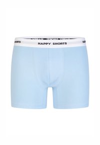 Světle modré boxerky vyrobené z bavlny s přiléhavým střihem. Elastický pas zdobí černobílý nápis "HAPPY SHORTS". Viditelné švy.