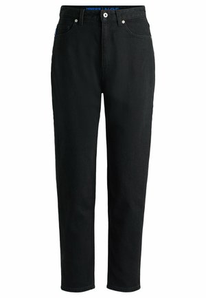 Zwarte denim jeans met een rechte pijpdesign, vijf zakken en een knoopsluiting. Heeft een blauw label aan de binnenkant van de tailleband.
