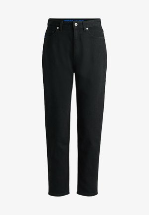 Melnas denim bikses ar taisna kāju dizainu, piecām kabatām un pogu aizdari. Iekšējā vidukļa daļā ir zila birka.