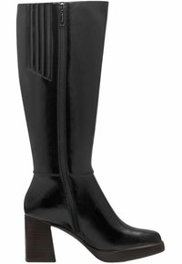 Black knee-high leather boot with side zipper, elastic panel, rounded toe, and chunky wooden block heel.