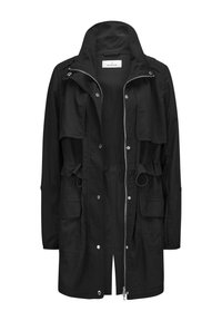 Schwarze leichte Jacke mit Reißverschluss vorne, zwei großen Fronttaschen, taillierter Taille und hohem Kragen. Verfügt über Druckknöpfe und einen lässigen Schnitt.