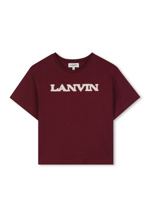 T-shirt court à manches courtes rouge foncé avec logo LANVIN blanc texturé centré sur la poitrine et col rond.