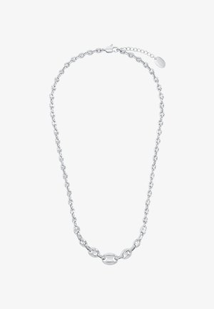 Zilveren ketting met afwisselend grote en kleine ovale schakels, uitgerust met een karabijnsluiting en een verstelbare ketting. Gladde, glanzende afwerking.
