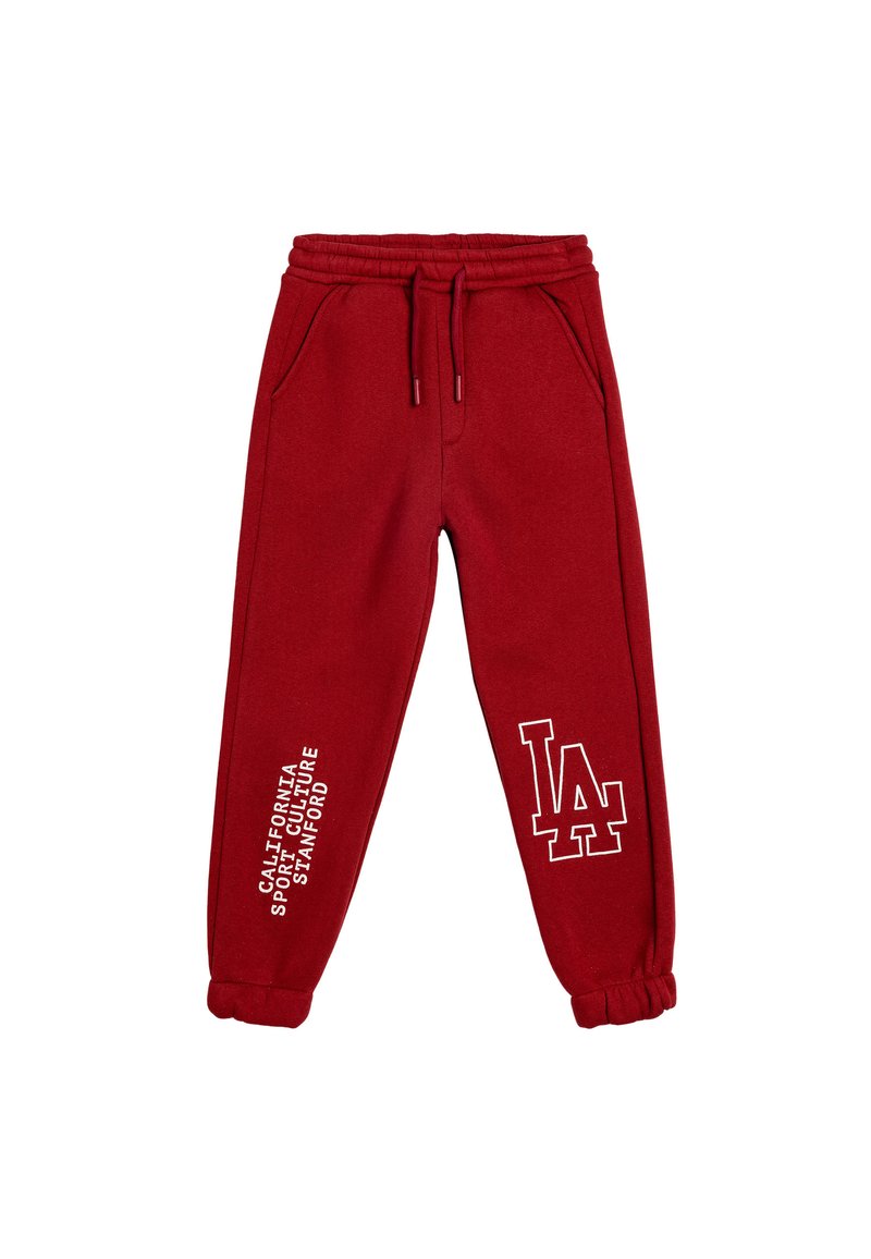 Rote Sweatpants aus weichem Stoff, mit elastischem Bund und Kordelzug, seitlichen Taschen und weißen Druckgrafiken.