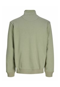 Zelena mikica s visokim ovratnikom, rebrastim manžetama i donjim rubom. Glatka tekstura, jednostavan dizajn i jednobojna. Samo stražnja strana.