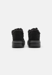 Scarpe in suede nero con colletto testurizzato e peloso, dotate di suola piatta e rigata e di una parte posteriore liscia. Nessun logo o decorazione visibile.
