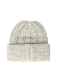 Bonnet tricoté gris avec une texture côtelée, comportant un revers et une apparence douce et confortable. Fabriqué en mélange de laine.