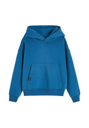 Niebieska bluza z kapturem z przednią kieszenią, ściągaczami na mankietach i u dołu oraz małym logo "Coalition" na środku klatki piersiowej.