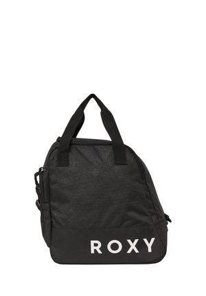 Sac de voyage noir avec une surface texturée, doté de poignées doubles, d'une bandoulière réglable et d'un logo "ROXY" blanc bien visible à la base.