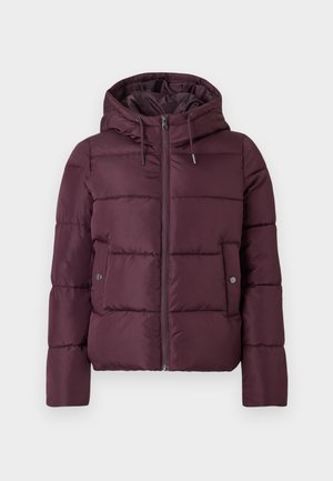 Giubbotto imbottito bordeaux con cappuccio, con zip frontale, tasche laterali, texture trapuntata e dettagli con coulisse.