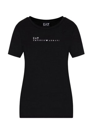 T-shirt nera a maniche corte in cotone con scollatura rotonda. Presenta il logo stampato bianco "EA7 EMPORIO ARMANI" sulla parte anteriore.