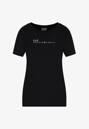 T-shirt nera a maniche corte in cotone con scollatura rotonda. Presenta il logo stampato bianco "EA7 EMPORIO ARMANI" sulla parte anteriore.