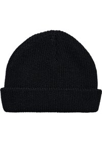 Berretto in maglia nera con un motivo testurizzato, dotato di un bordo risvoltato. Materiale morbido e elastico con una parte superiore tondeggiante.