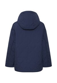 Giacca trapuntata blu navy con cappuccio, caratterizzata da motivi rotondi, maniche lunghe e un taglio dritto. Vista posteriore, texture liscia.