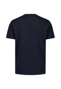 Marineblauwe t-shirt met korte mouwen en een ronde halslijn, met een gestructureerd patroon en een relaxed fit. Geen zichtbare merknaam of afbeeldingen.