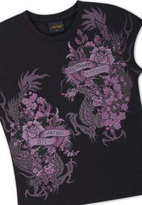 Black Ed Hardy t-shirt with purple floral and dragon tattoo-style designs, including banners reading "Ed Hardy Tattoo City" and "Art Est. 1971."