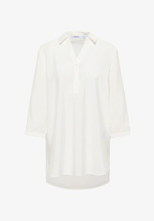 Chemise blanche à manches longues avec un col, patte de boutonnage et ourlet arrondi. Tissu léger avec une texture douce.