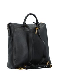 Sac en cuir noir avec une finition texturée, double poignée de transport, bandoulière ajustable, et accents métalliques dorés, avec un détail clé.