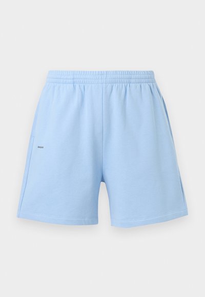 helehelesinised elastse vöökohaga püksid küljetaskutega ja vasakul jalal musta värvi väike tekstilogoga, valgel taustal eksponeeritud.