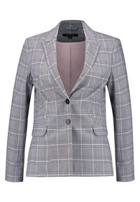 Szara kraciasta marynarka damska z dwoma guzikami, klapami, przednimi kieszeniami z klapkami oraz gładką, jasnoróżową podszewką.