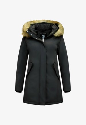 Zwarte gewatteerde jas met capuchon, faux bontafwerking, rits aan de voorkant en zijzakken. Gladde textuur met een casual silhouet en gestikte details.