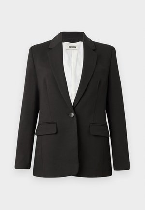 Black blazer with a structured design, single button closure, two front pockets, and a classic lapel collar. Smooth fabric and fitted shape.