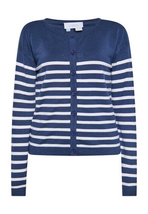 Marineblauer Cardigan mit weißen horizontalen Streifen, rundem Ausschnitt und vorderer Knopfleiste mit sechs marineblauen Knöpfen.