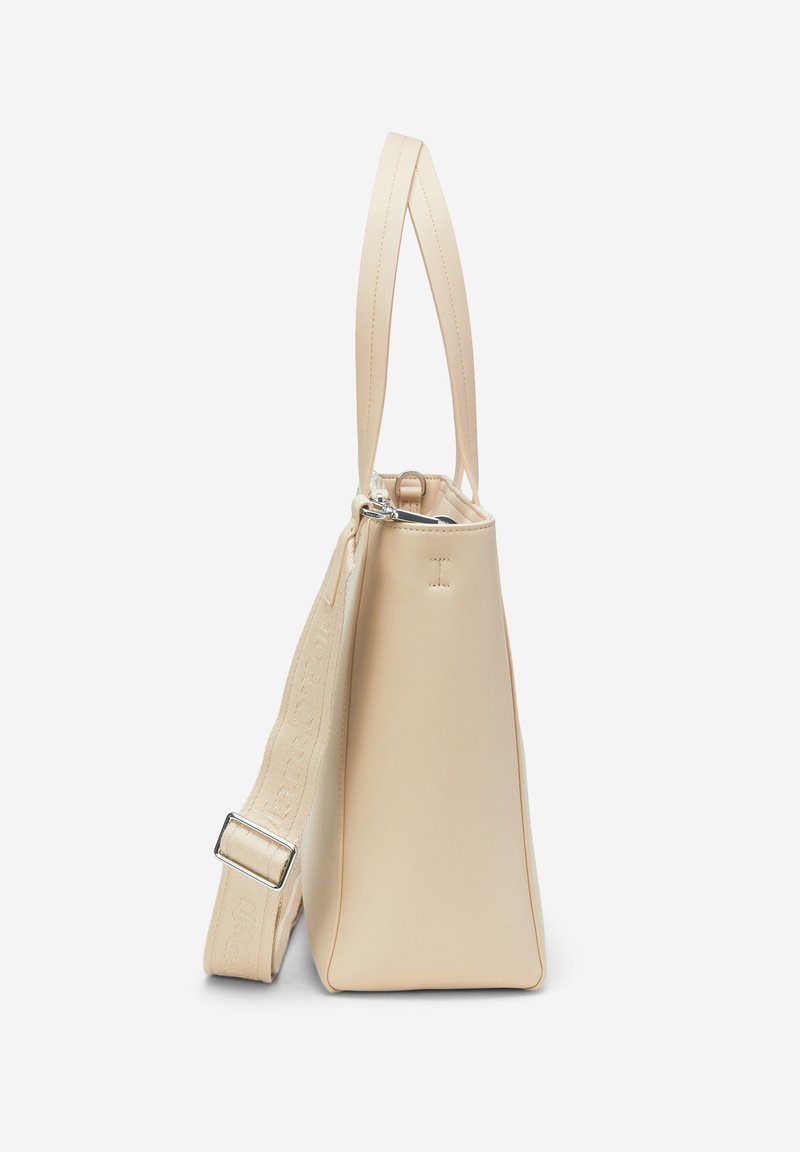 Beige Lederhandtasche mit strukturiertem Design, doppelten Griffen und einem strukturierten Riemen. Verfügt über einen Reißverschluss und ein minimalistisches Design.