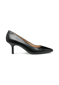 Black leather high-heeled pump with a pointed toe and a moderate heel. Smooth texture with a simple design and minimal accents.