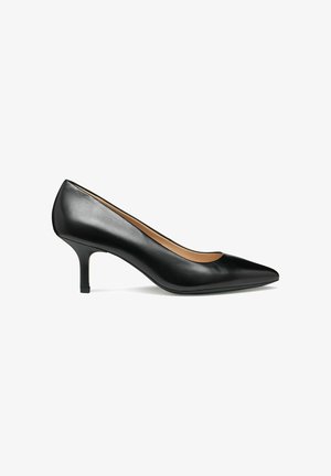 Black leather high-heeled pump with a pointed toe and a moderate heel. Smooth texture with a simple design and minimal accents.