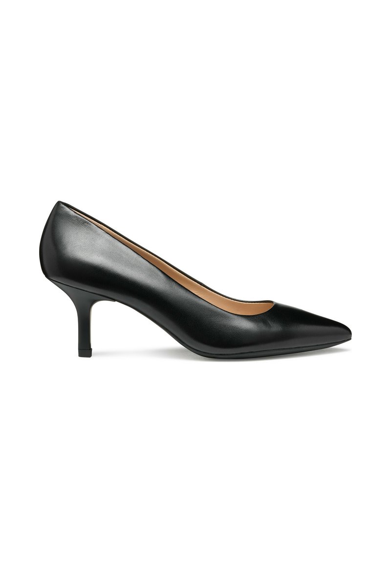 Black leather high-heeled pump with a pointed toe and a moderate heel. Smooth texture with a simple design and minimal accents.