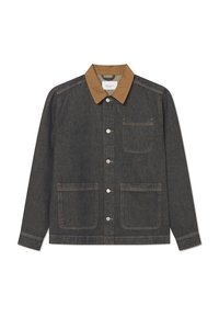 Denim jacket featuring a dark gray body, brown collar, front snap buttons, and two large front pockets, with visible stitching details.