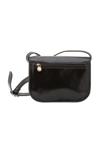Borsa a tracolla nera in pelle con finitura liscia, forma arrotondata, tasca posteriore con zip e tracolla regolabile. Design minimalista.