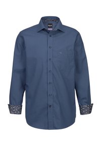 Camicia blu navy con bottoni, a maniche lunghe, con polsini decorati e tasca sul petto. Realizzata in tessuto liscio con un design classico del colletto.