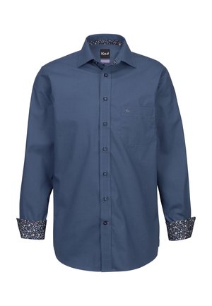 Marineblaues Hemd mit Knopfleiste und langen Ärmeln, gemusterten Manschetten und einer Brusttasche. Hergestellt aus glattem Stoff mit klassischem Kragendesign.